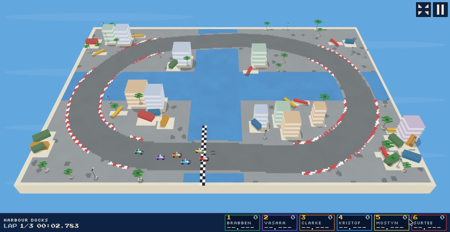 Six cars leaving the line at Harbour Docks, an island circuit ringed by sea, with the timing strip along the bottom
